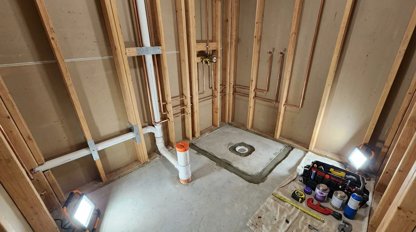 Bathroom rough-in plumbing during remodel by Johns Plumbing LLC in Idaho Springs