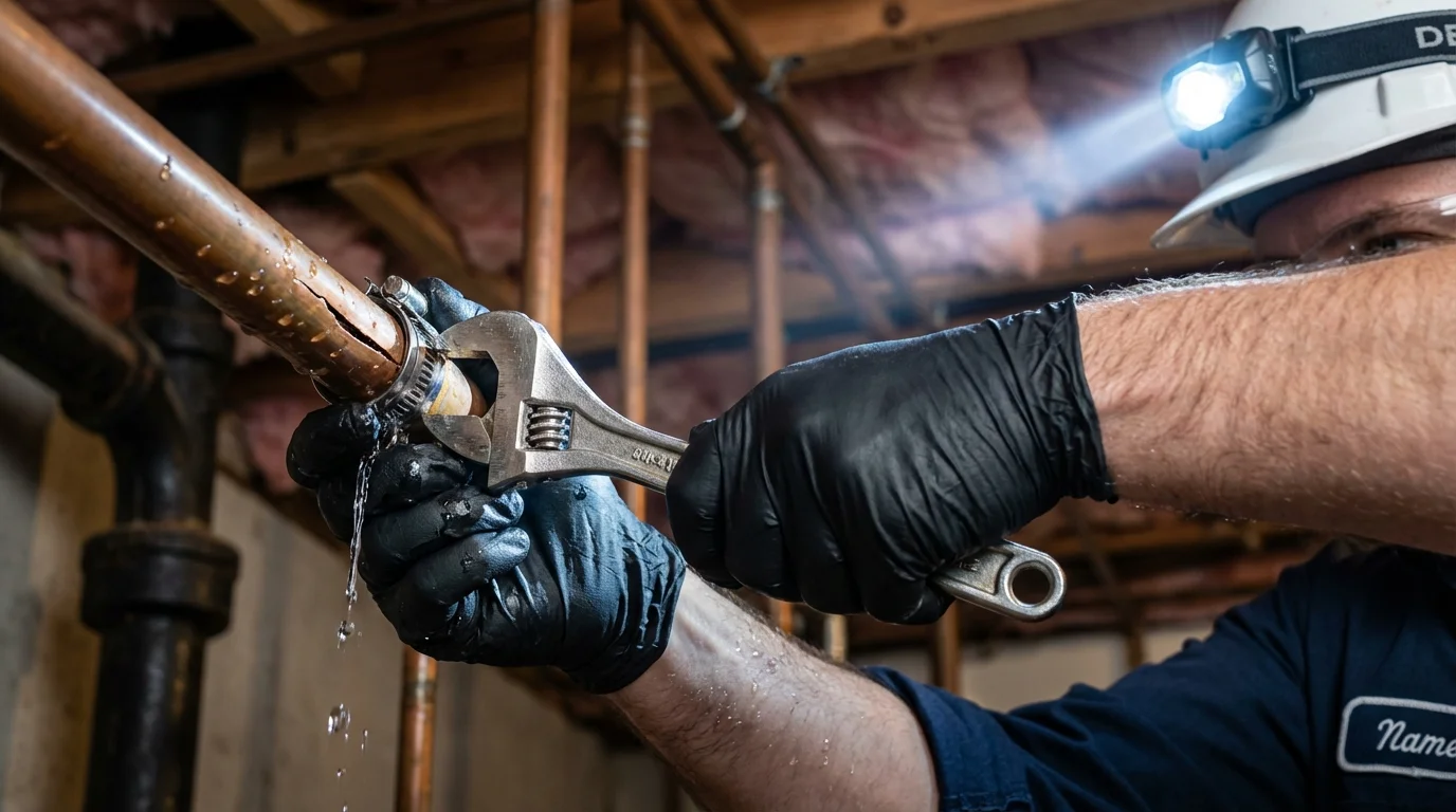 Emergency pipe clamp repair being performed by a Johns Plumbing LLC plumber in Idaho Springs