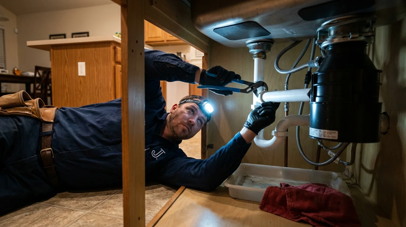 P-trap and supply line connections under a kitchen sink showing a common leak point in Idaho Springs, CO